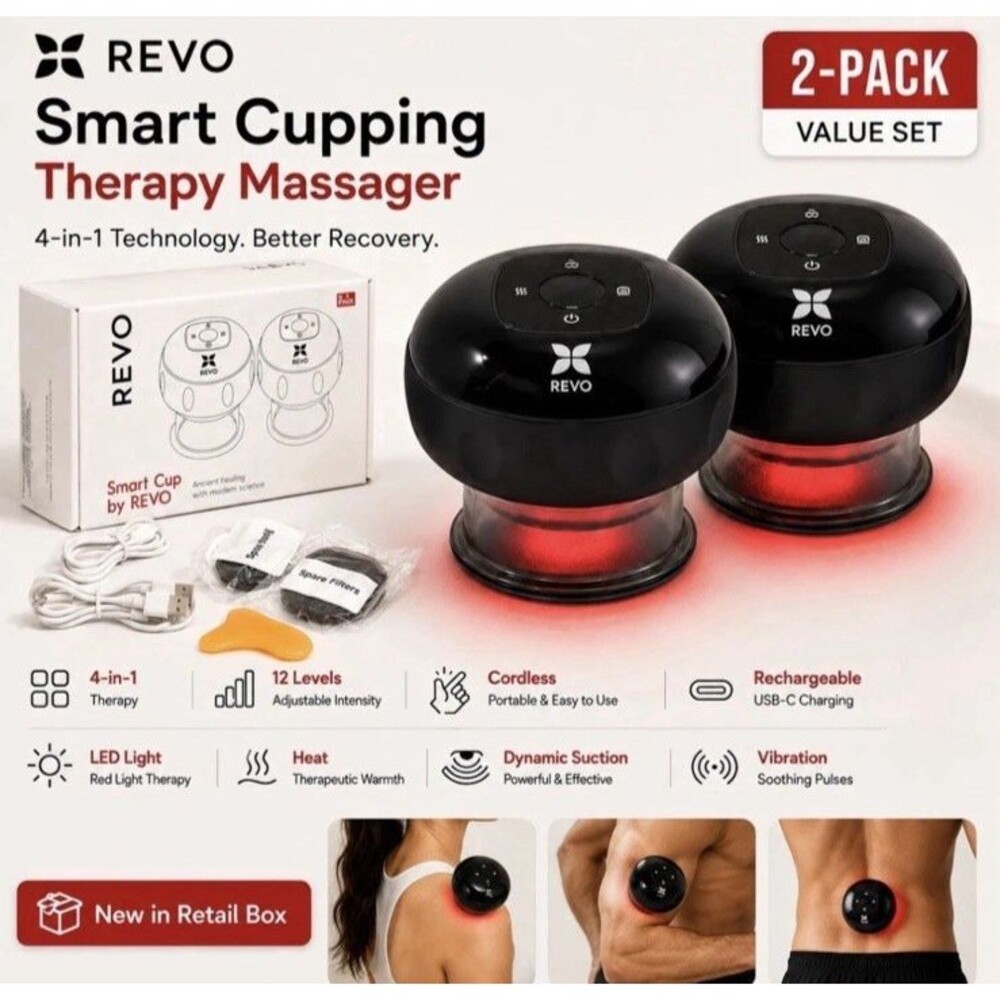 NEW 2 Pack REVO Smart Cup 4-in-1 Smart Cupping Therapy Massager Red Light Heal